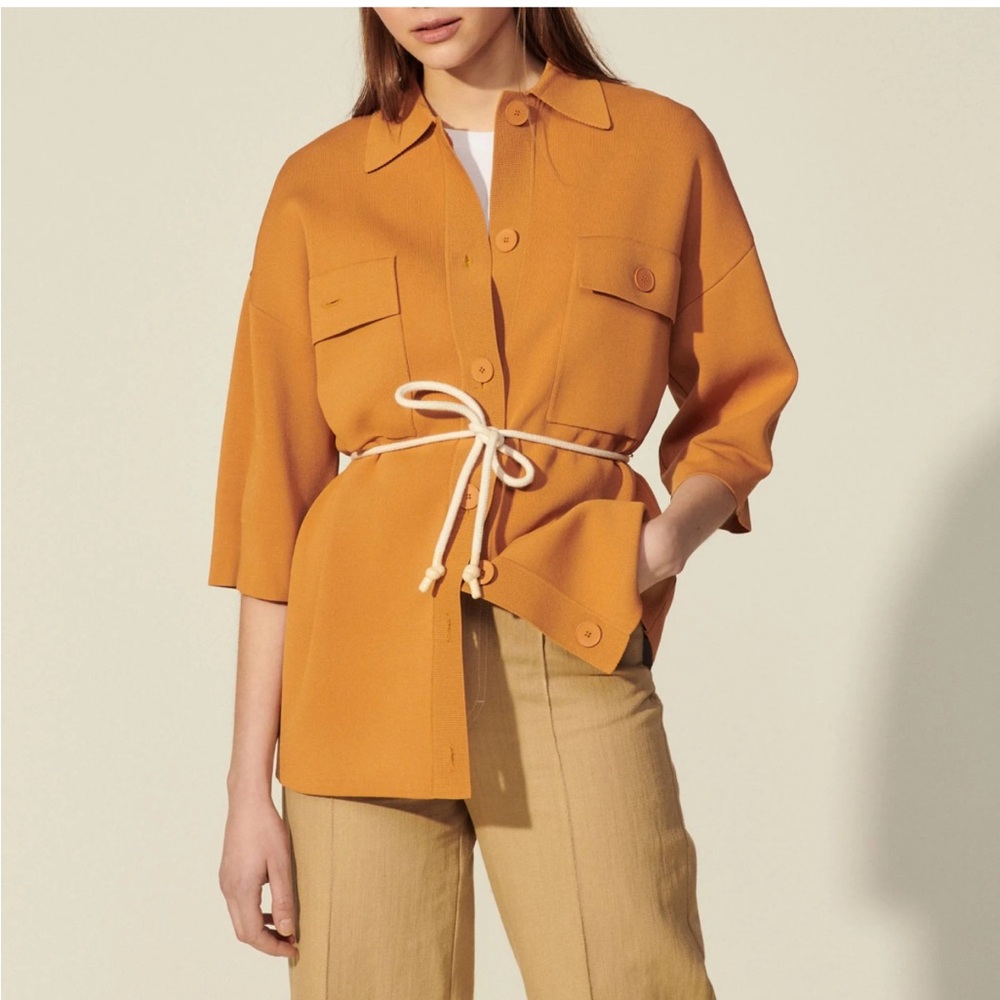 Sandro Martine Belted Over-Shirt Style Cardigan In Ochre